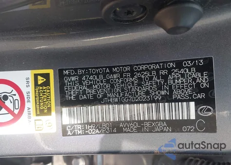 2013 Lexus Es 300H from USA, damaged, VIN JTHBW1GG7D2023199